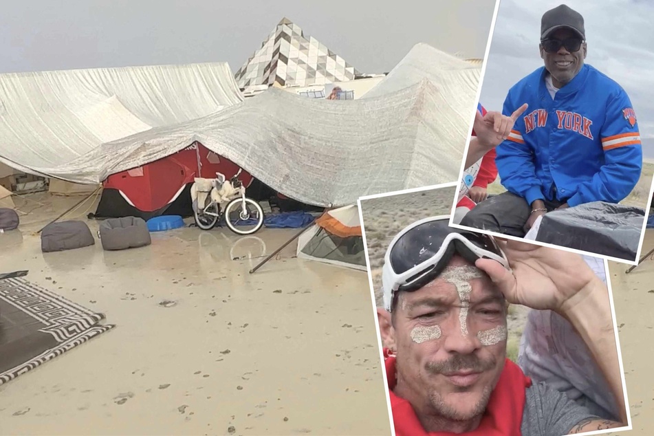 Diplo (bottom r.) and Chris Rock were among those trapped in mud and flodded conditions at campsites at the Burning Man festival this year.
