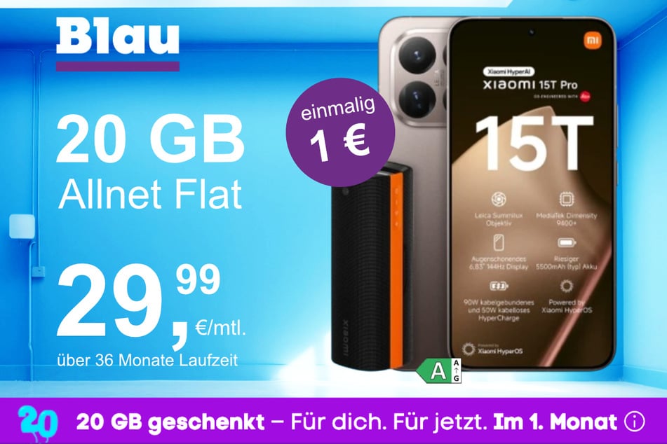 Das Xiaomi 15T Pro + Xiaomi Sound Party (50W) im Blau Allnet M für einmalig 1 Euro.