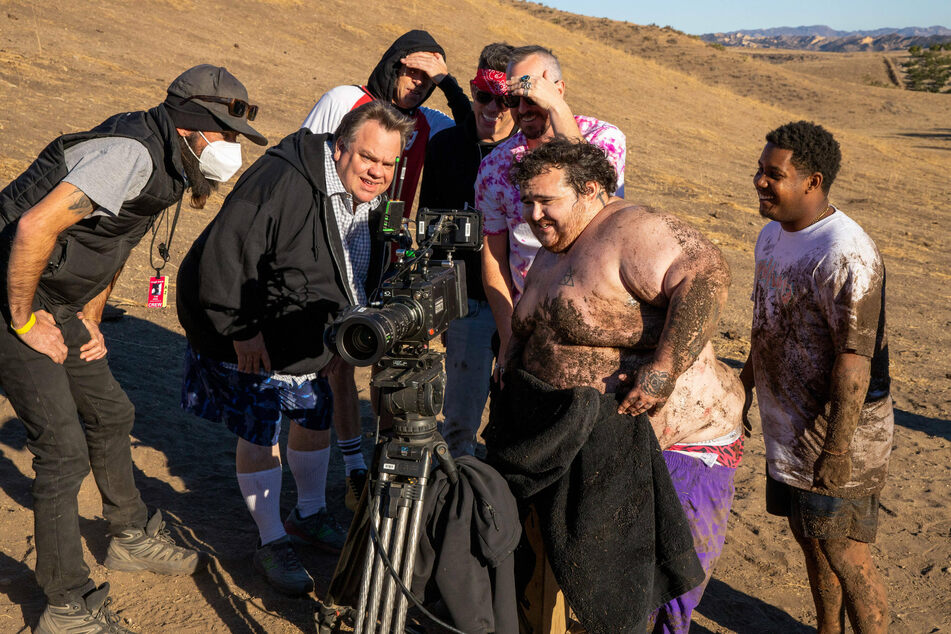 (L to R) Preston Lacy, Dave England, Steve-O, Danger Ehren, Zach Holmes and Jasper on the set of Jackass Forever.
