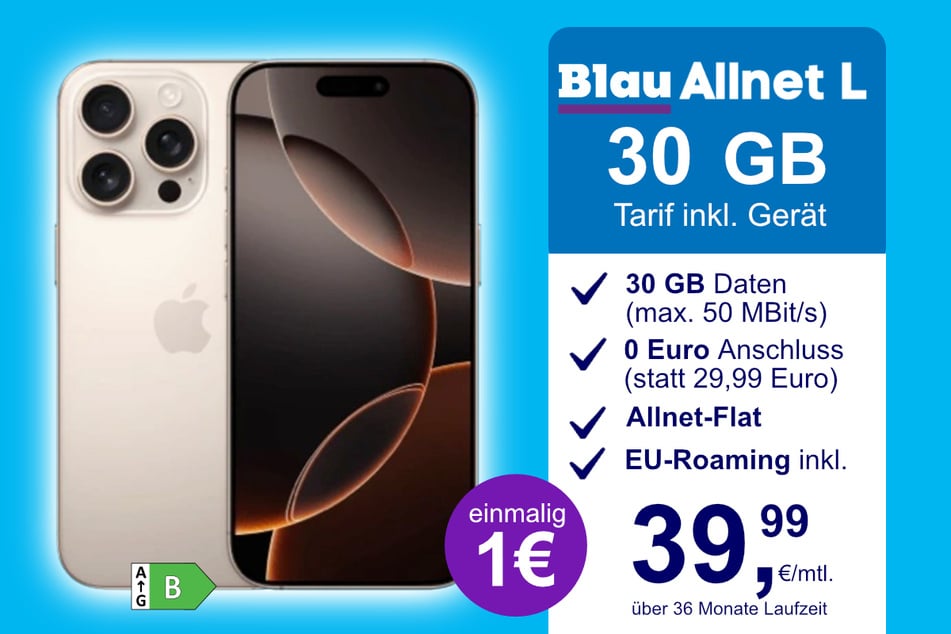 Das iPhone 16 Pro (128 GB) gibt's jetzt bei Blau für einmalig nur 1 Euro im Vertrag.