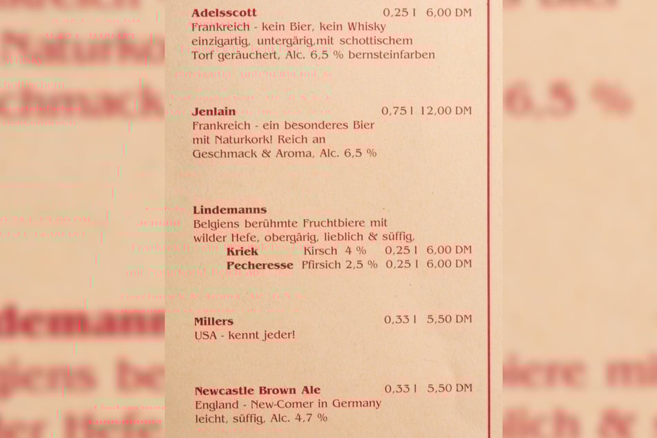 Damals wurde noch mit D-Mark gezahlt: Ein Ausschnitt aus einer alten Getränkekarte.