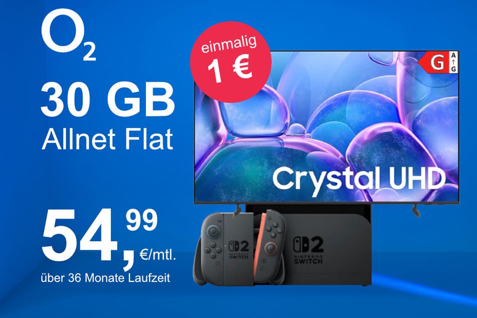 Die Nintendo Switch 2 plus Samsung 50-Zoll Crystal UHD im o2 Mobile M inkl. 30 GB+ für einmalig nur 1 Euro.