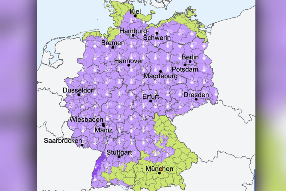 Der DWD warnt nahezu deutschlandweit vor Hitze (lila), in Teilen Baden-Württembergs sogar vor Extremhitze (dunkellila).