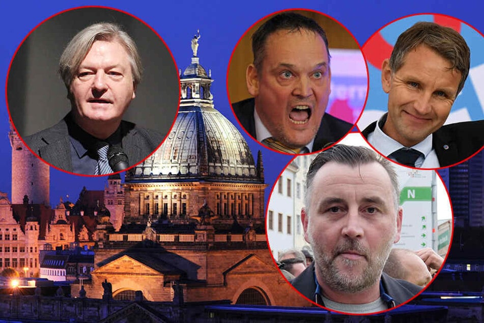 Werden zur Compact-Konferenz erwartet (im Uhrzeigersinn): Martin Reichardt (AfD), Björn Höcke (AfD), Lutz Bachmann (Pegida), Jürgen Elsässer (oben links).