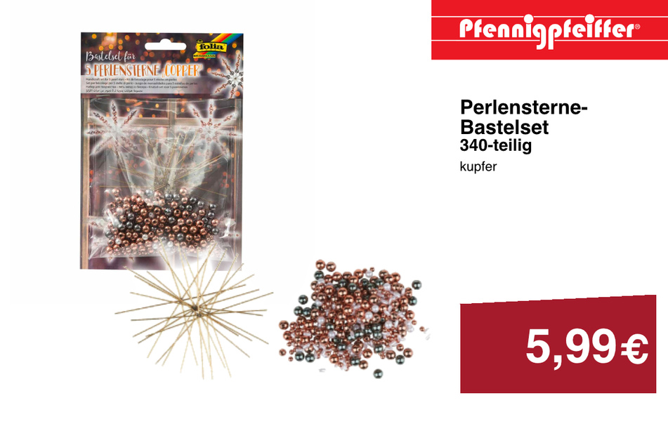 Das Perlensterne-Bastelset erhaltet Ihr für nur 5,99 Euro. In den Pfennigpfeiffer Filialen am Donnerstag (16.11.) und Freitag (17.11.) sogar mit extra 10 Prozent Rabatt.