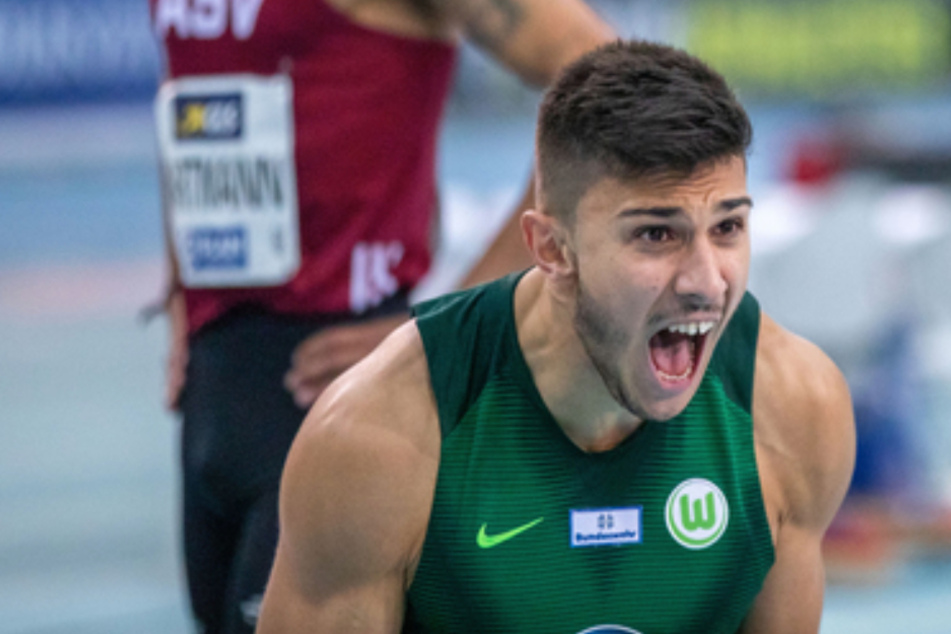 Deniz Almas (Wolfsburg) jubelt nach seinem Sieg im Sprint über 60 Meter im Februar in Leipzig bei der Deutsche Meisterschaft.