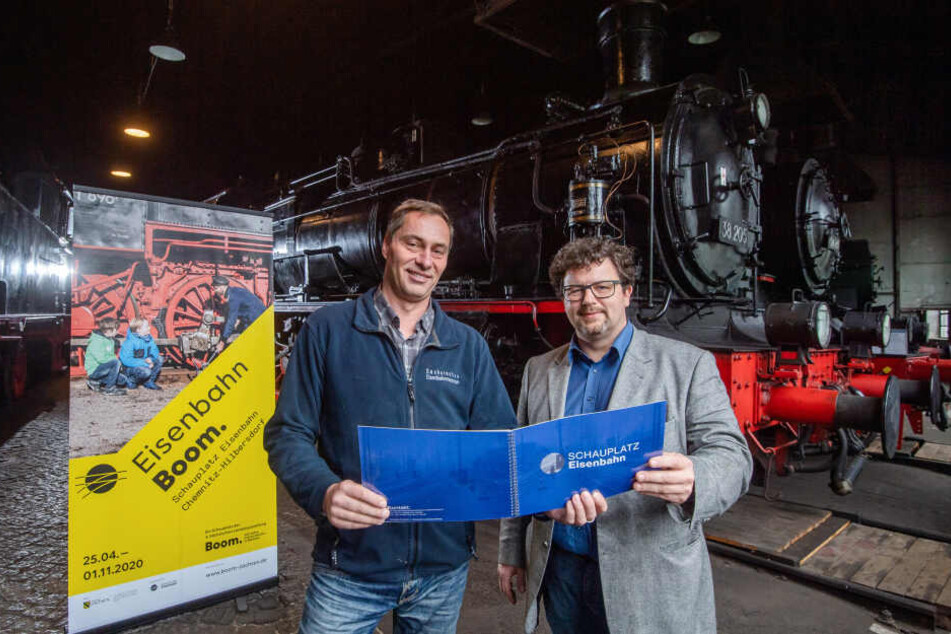 Sven Liebold vom Sächsischen Eisenbahnmuseum und Projektkoordinator Maximilian Claudius Noack haben große Pläne für die Landesausstellung 2020.