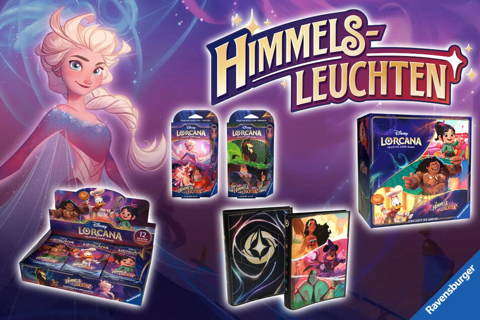 Das neue Lorcana Set "Himmelsleuchten" umfasst Booster Packs, Booster Displays, Starter Decks, Sammelalben, die Schatzkiste der Luminari u.v.m.