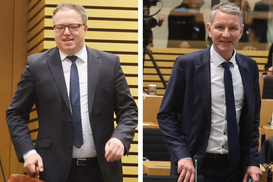 Thüringens CDU-Fraktionschef Mario Voigt (46, l.) und Thüringens AfD-Fraktionschef Björn Höcke (51, r.) wollen sich ein verbales Streitgespräch liefern.