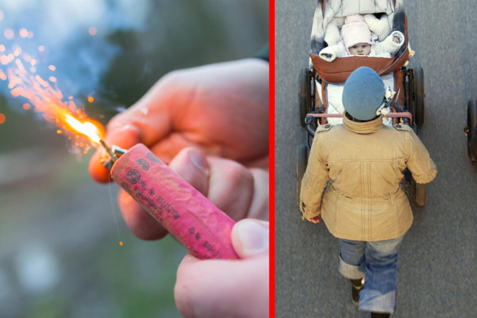 Unbekannte schmissen den Böller in Richtung des Kinderwagens. (Bildmontage)