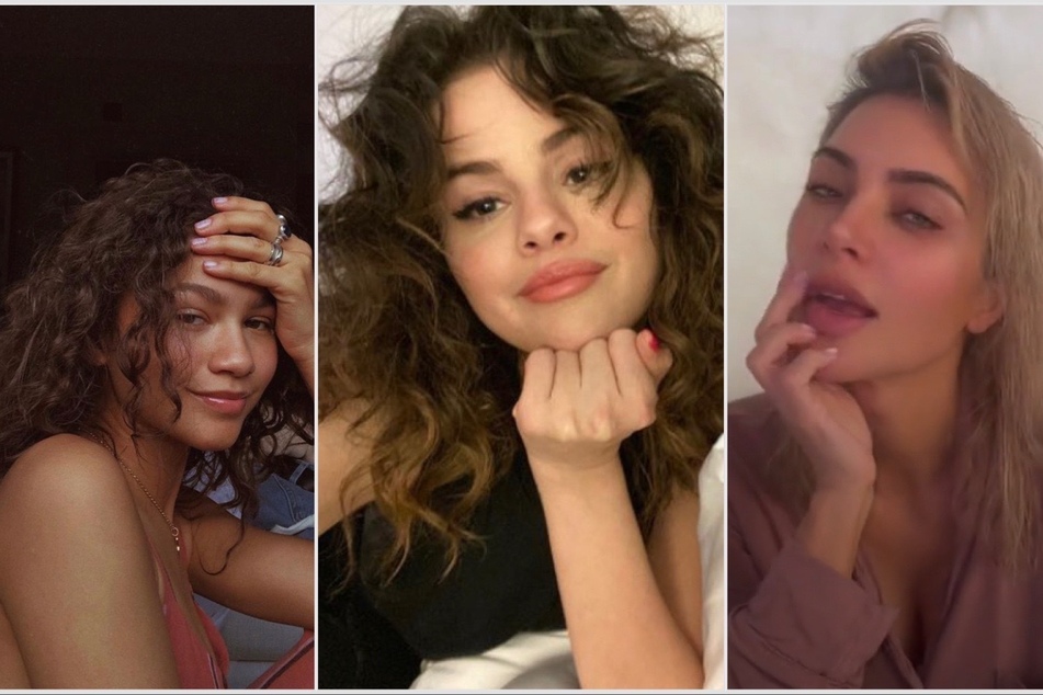 After Kim Kardashian (r.) showed off her natural locks in a recent TikTok, we rounded up a few more famous ladies who've also sported their natural hair, like Zendaya (l.) and Selena Gomez (c.).