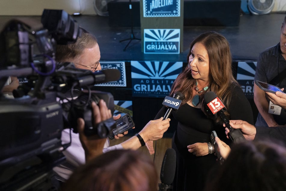 Adelita Grijalva speaks to the media at a primary election-night party at El Casino Ballroom in South Tucson, Arizona, on July 15, 2025.