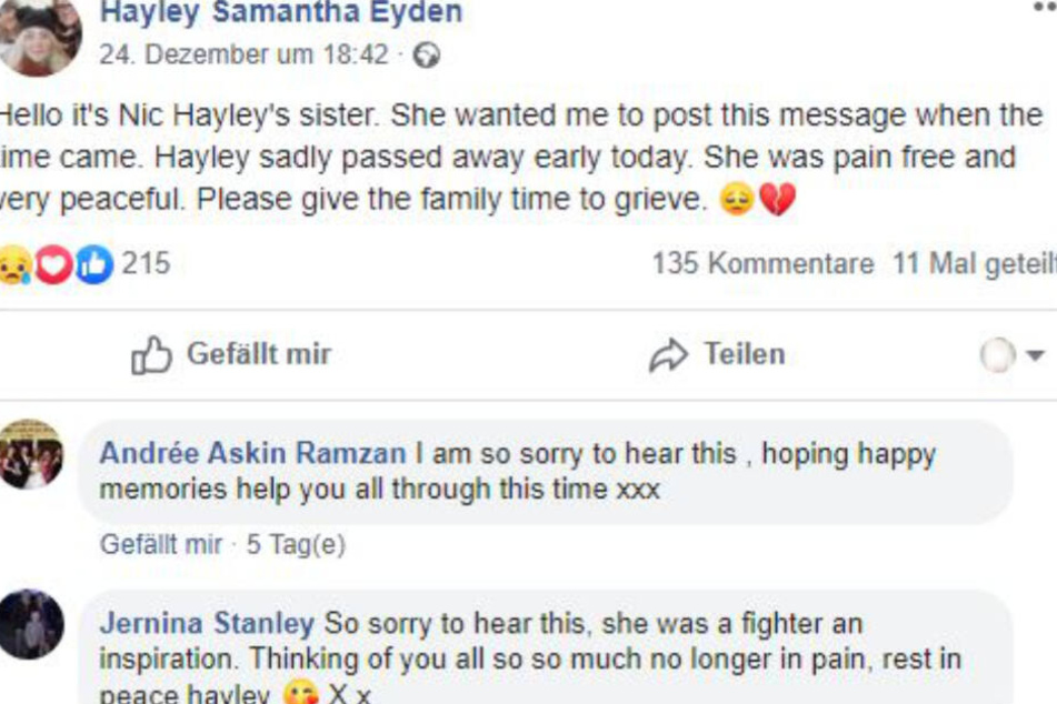 Der Post von Hayleys Schwester Nic. Sie hat den Freunden und Umfeld via facebook vom Tod ihrer Schwester berichtet.