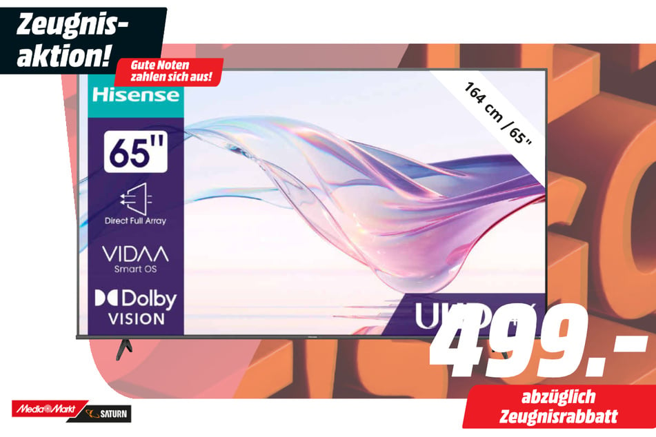 65-Zoll Hisense-Fernseher für 499 Euro.