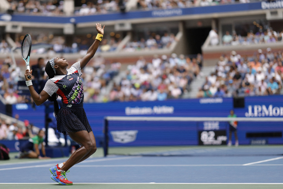 Coco Gauff of the US serves against China's Shuai Zhang on day seven of the 2022 US Open.