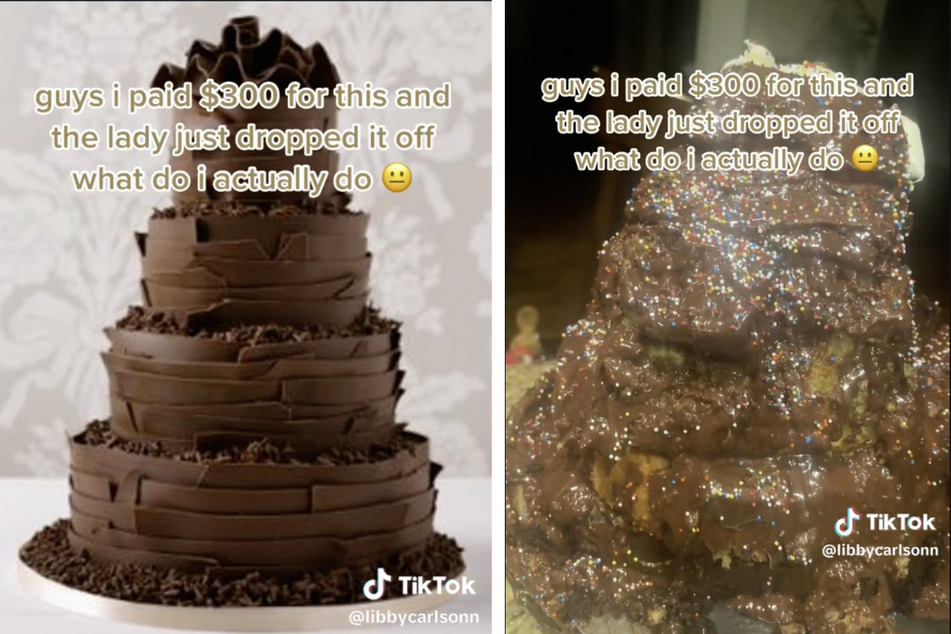 Liberty bestellte eine vierstöckige Schokoladentorte (linkes Bild). Das rechte Bild zeigt, was sie wirklich erhielt.