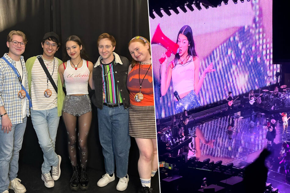 Olivia Rodrigo (third from l.) reunited with her castmates from High School Musical: The Musical: The Series at the GUTS World Tour on Tuesday.