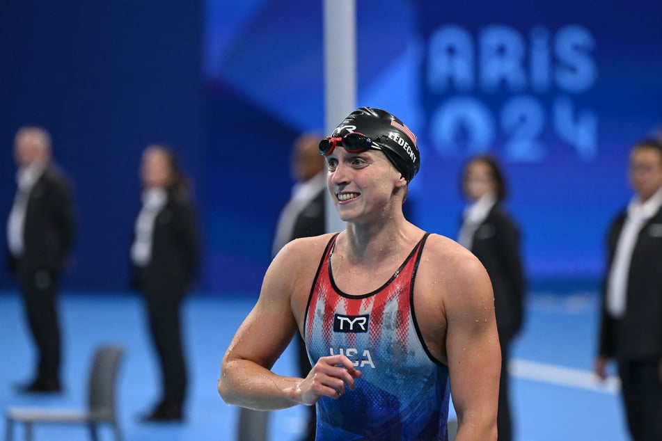 US' Katie Ledecky celebrates after winning the final of the women's 800m freestyle swimming event during the Paris 2024 Olympic Games at the Paris La Defense Arena in Nanterre, west of Paris, on Saturday.