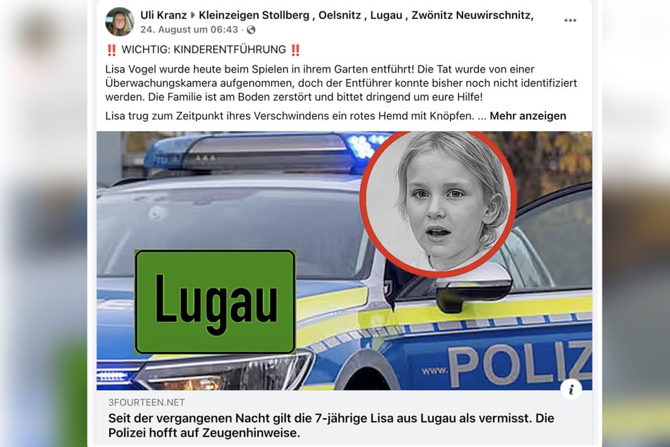 Fake-Vermissten- und Entführungsanzeigen bei Facebook in Stolberg und Lugau.