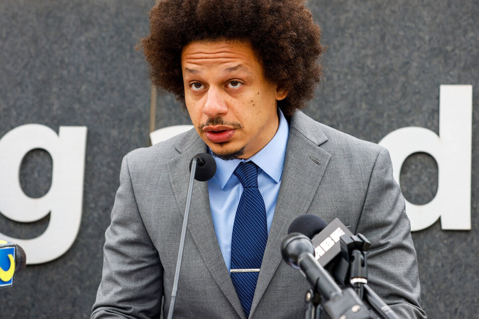Eric André speaks at a press conference in front of the Richard B. Russell federal courthouse in Atlanta on Tuesday.