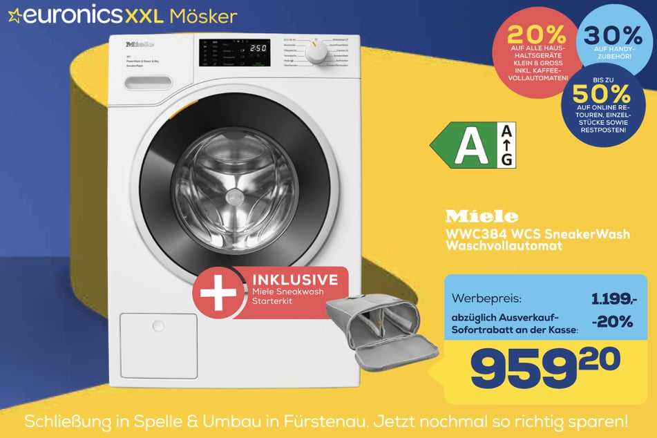 Miele-Waschvollautomat WWC384 WCS SneakerWash
für 959,20 statt 1.199 Euro (inklusive Miele SneakerWash Starterkit).