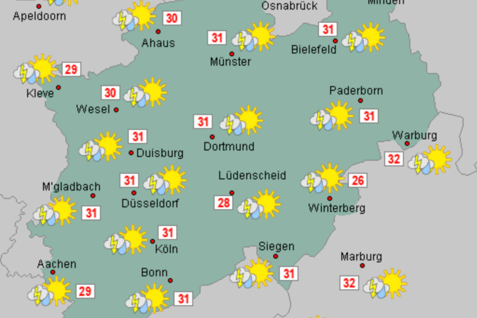 Am Sonntag machen sich in NRW voraussichtlich Hitzegewitter breit. Dazu wird es schwülheiß!