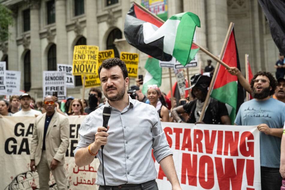 Mahmoud Khalil speaks during a "Stop Starving Gaza" march in New York City on August 16, 2025.