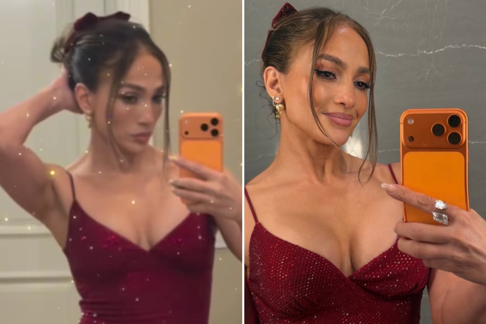 Jennifer Lopez stunned in a sparkly red dress for Christmas, but fans can't stop talking about her "warped" iPhone in her mirror selfies!