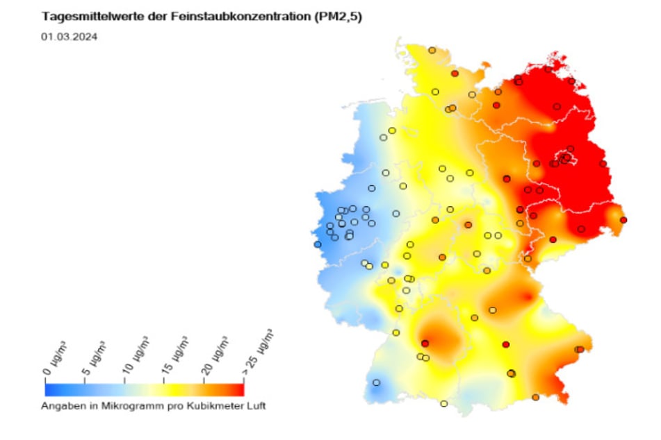 Besonders die Belastung durch die ultrafeinen PM2,5-Partikel ist derzeit in weiten Teilen Ostdeutschlands erhöht. Die Daten wurden vom Umweltbundesamt zur Verfügung gestellt.