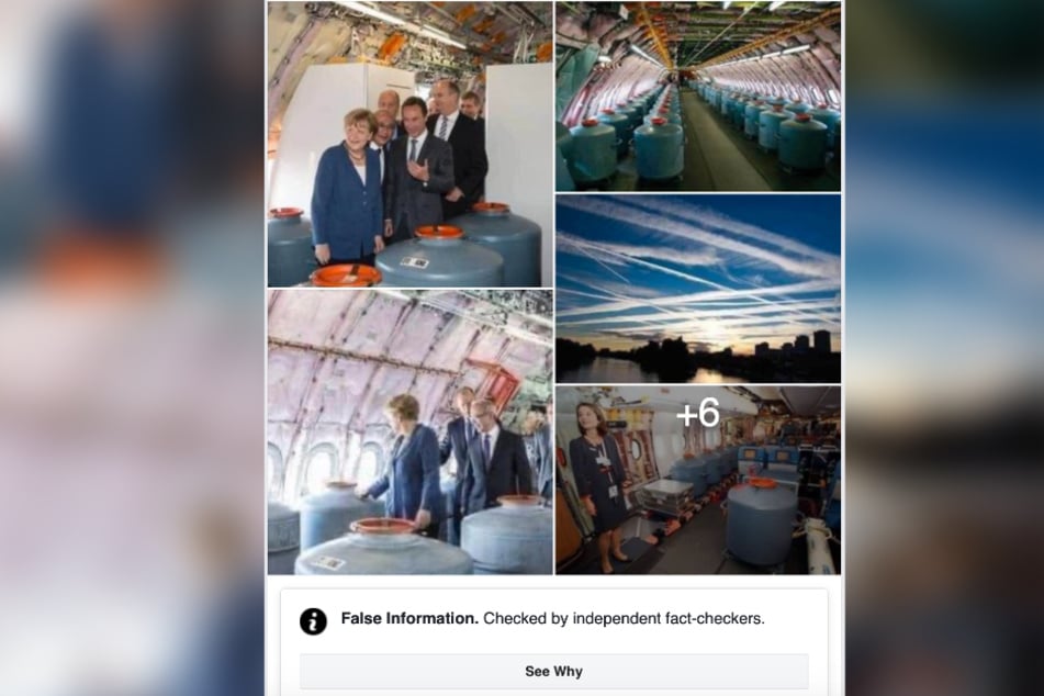 Verschwörungstheoretiker teilen gerne Bilder, die die Chemtrails beweisen sollen. Hier schaute sich Bundeskanzlerin Angela Merkel angeblich gelagerte Tanks an. Der Beitrag wurde von Facebook mittlerweile gelöscht, weil er falsche Informationen beinhaltet.