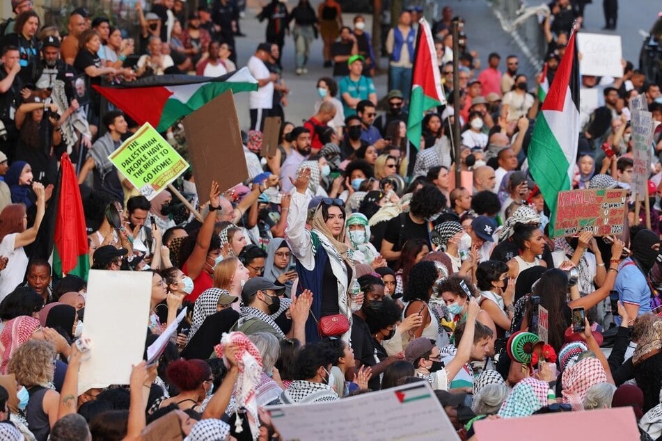 Gaza solidarity demonstrators gather to protest a fundraising event for Democratic presidential nominee Kamala Harris on August 14, 2024, in New York City.