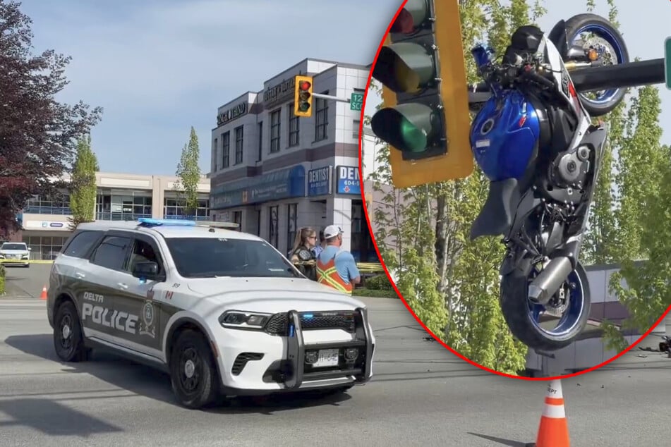 Unglaublicher Unfall: Motorrad fliegt meterhoch und bleibt an Ampel hängen