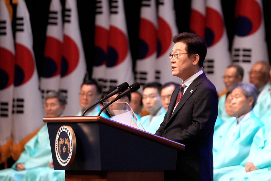 South Korean President Lee Jae Myung speaks during a ceremony to celebrate the 80th anniversary of Korea's liberation from Japanese colonial rule on August 15, 2025.