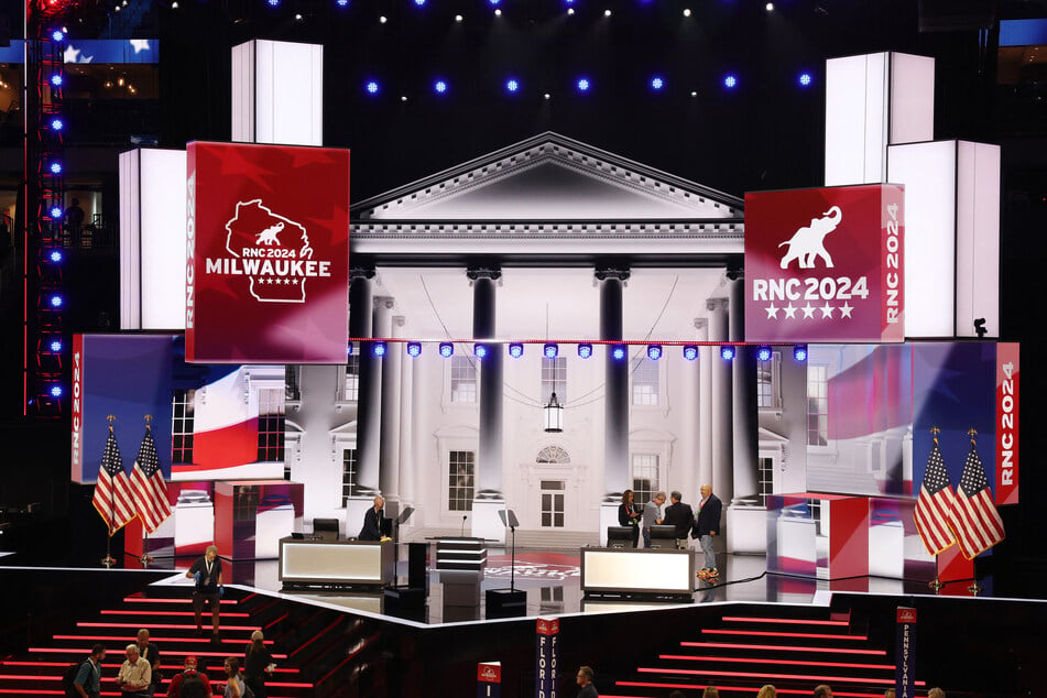 Workers preparing the stage for the Republican National Convention at the Fiserv Forum on July 13, 2024, in Milwaukee, Wisconsin.