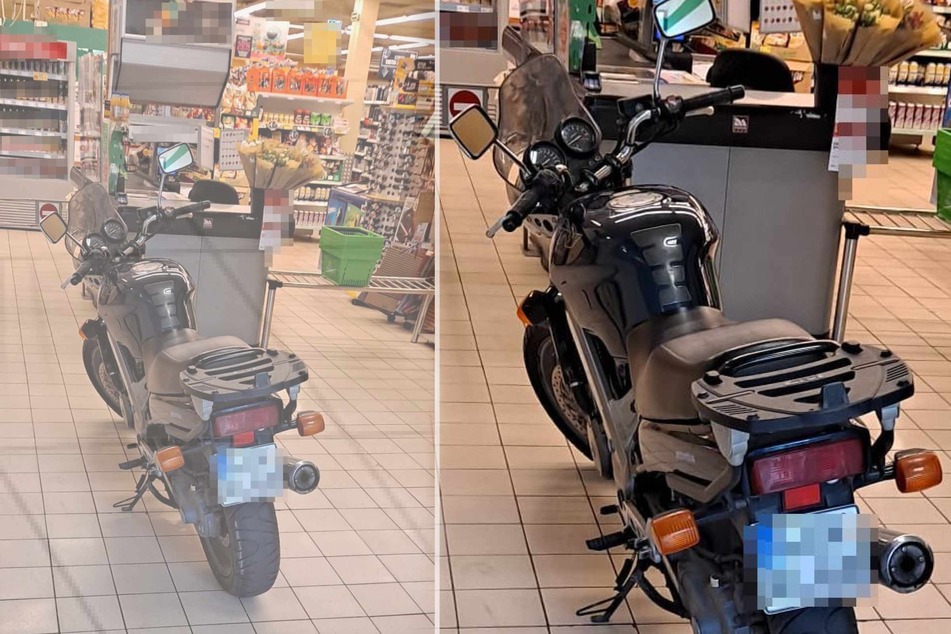 Mann fährt mit Motorrad in den Supermarkt hinein: Als er die Polizei sieht, hupt er