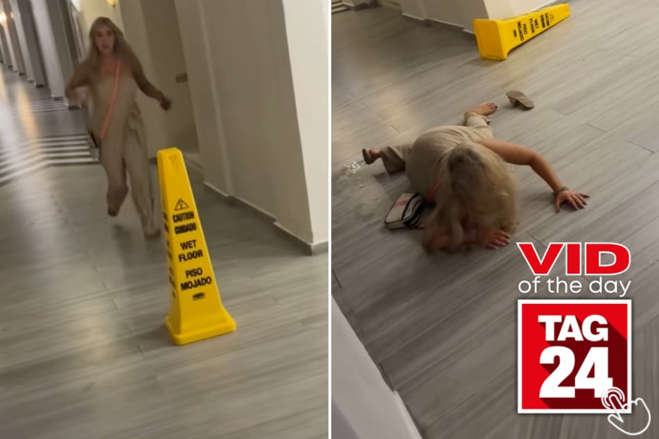 This woman tried to hop a wet floor sign with a drink in her hand... and instantly regretted it!