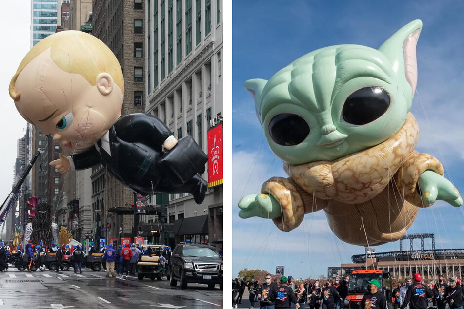 The parade's new Grogu balloon made its debut earlier this month at Macy's Balloonfest at Citi Field (r.) and will join Boss Baby (l.), who debuted at last year's event.