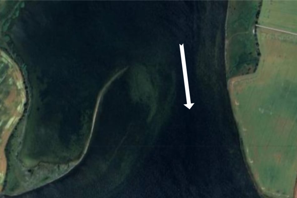 Um aus der Bucht hinausschwimmen zu können, muss der Buckelwal die enge Fahrrinne der Schiffe erwischen (siehe Pfeil). Eine größere Sandbank birgt Strandungsgefahr.