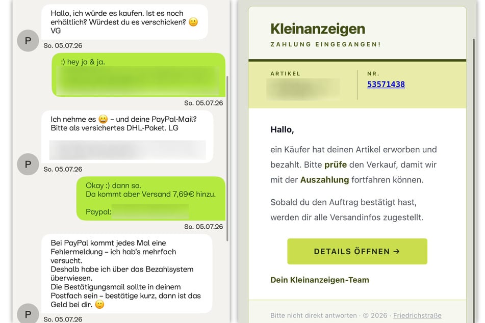 Die Betrüger haben es zunächst auf die mit PayPal verknüpfte E-Mail-Adresse der Verkäufer abgesehen (l.). Im nächsten Schritt versenden sie eine täuschend echt wirkende E-Mail im Namen von Kleinanzeigen.