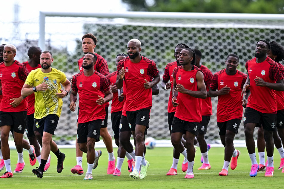 Democratic Republic of the Congo warms up prior to a World Cup training session in Houston, Texas, on June 12, 2026.