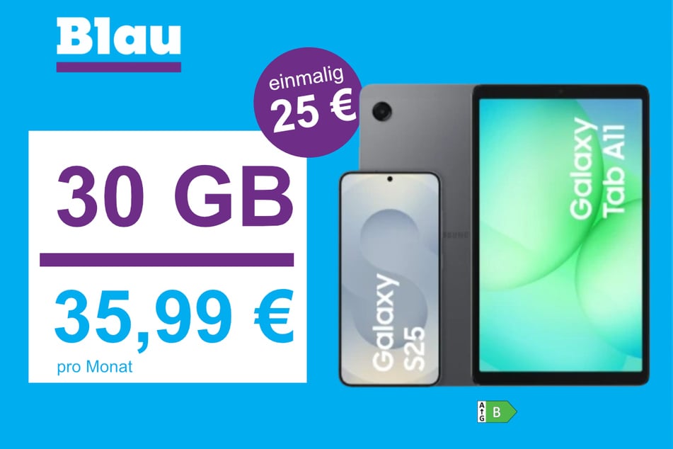 Das Samsung Galaxy S25 mit Galaxy Tab A11 im Blau Allnet L für einmalig 25 Euro.