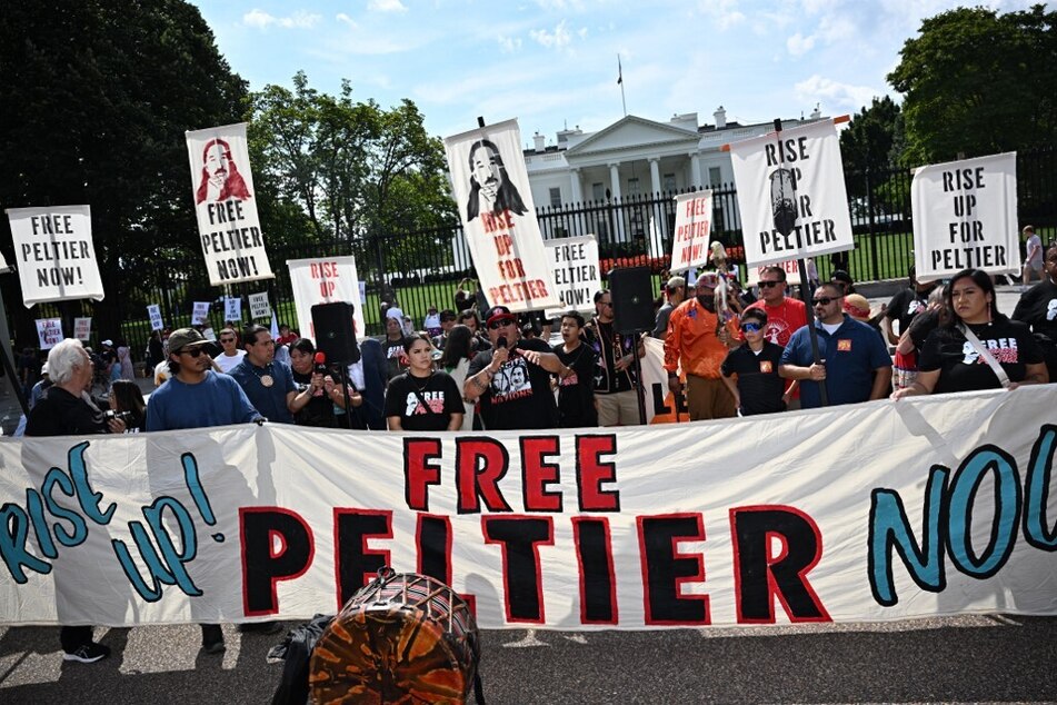 Indigenous rights activists rally in support of imprisoned Indigenous activist Leonard Peltier at Lafayette Square across from the White House on September 12, 2023.