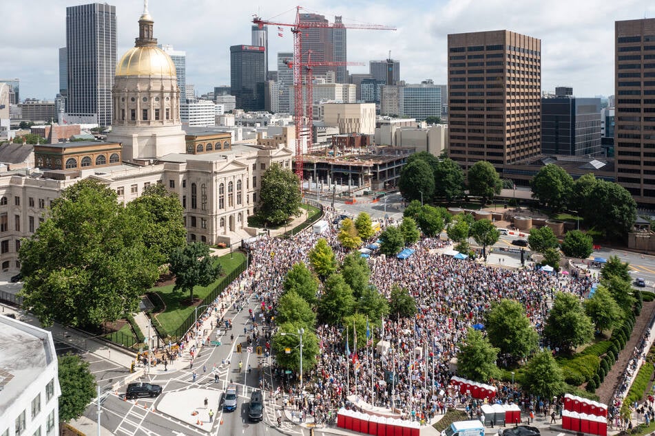 This aerial view shows people taking part in a "No Kings" protest at Liberty Plaza in Atlanta, Georgia, on June 14, 2025.