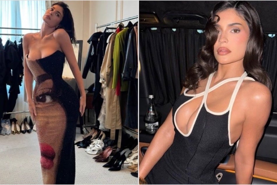 Kylie Jenner models a dress with her face on it during Paris Fashion Week!