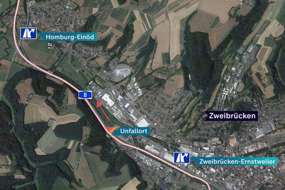 Die Karte zeigt, wo genau es am 1. Juli 2018 auf der A8 zu dem tödlichen Unfall kam.