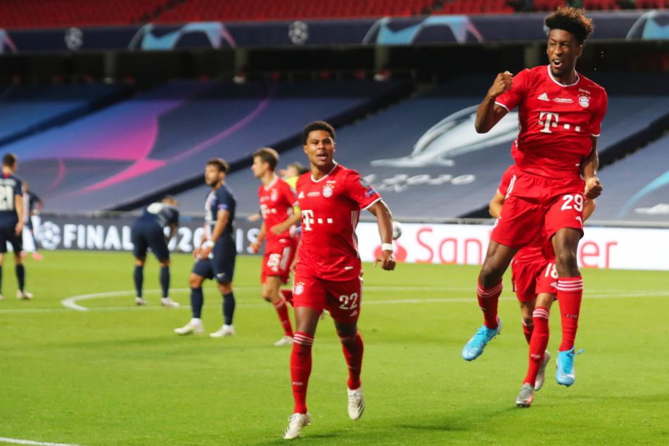 French international Kingsley Coman (right) celebrates his goal for FC Bayern Munich.