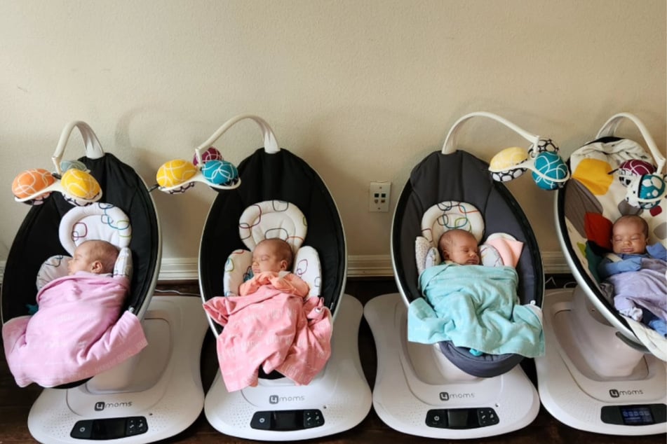 Alle vier Babys tragen verschiedene Farben, damit man sie auch auseinanderhalten kann.
