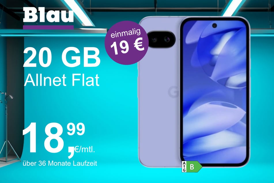 Das Google Pixel 9a im Blau Allnet M für einmalig 19 Euro.