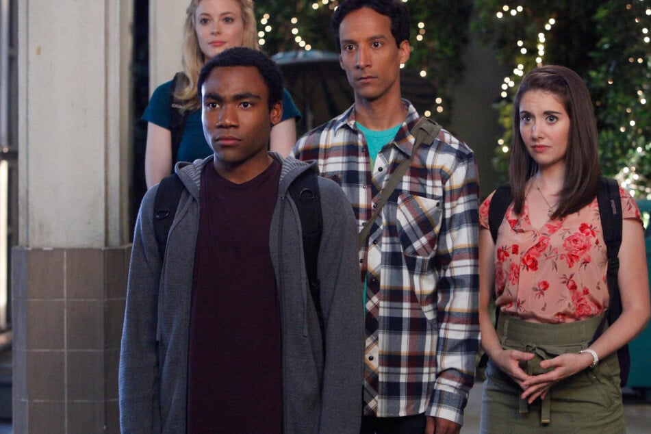 From l. to r., Gillian Jacobs, Donald Glover, Danny Pudi, and Alison Brie star in Season 3 Episode 3 of Community.