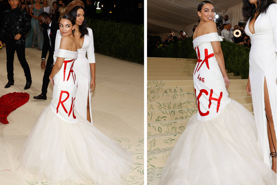Alexandria Ocasio-Cortez appeared at the Met Gala in a white dress with "Tax the Rich" emblazoned in red on the back.
